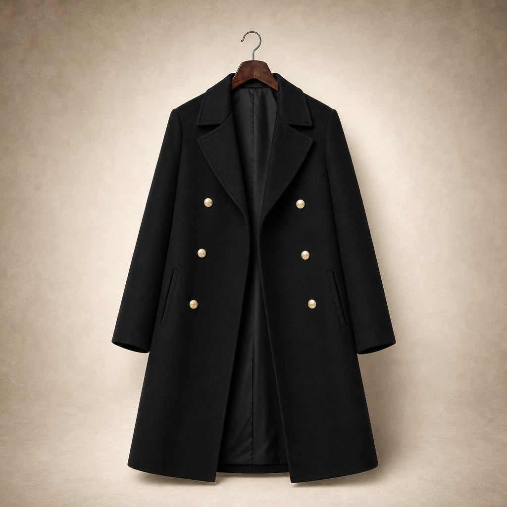 Women's Double-breasted Long Wool Coat Black – Product Photo