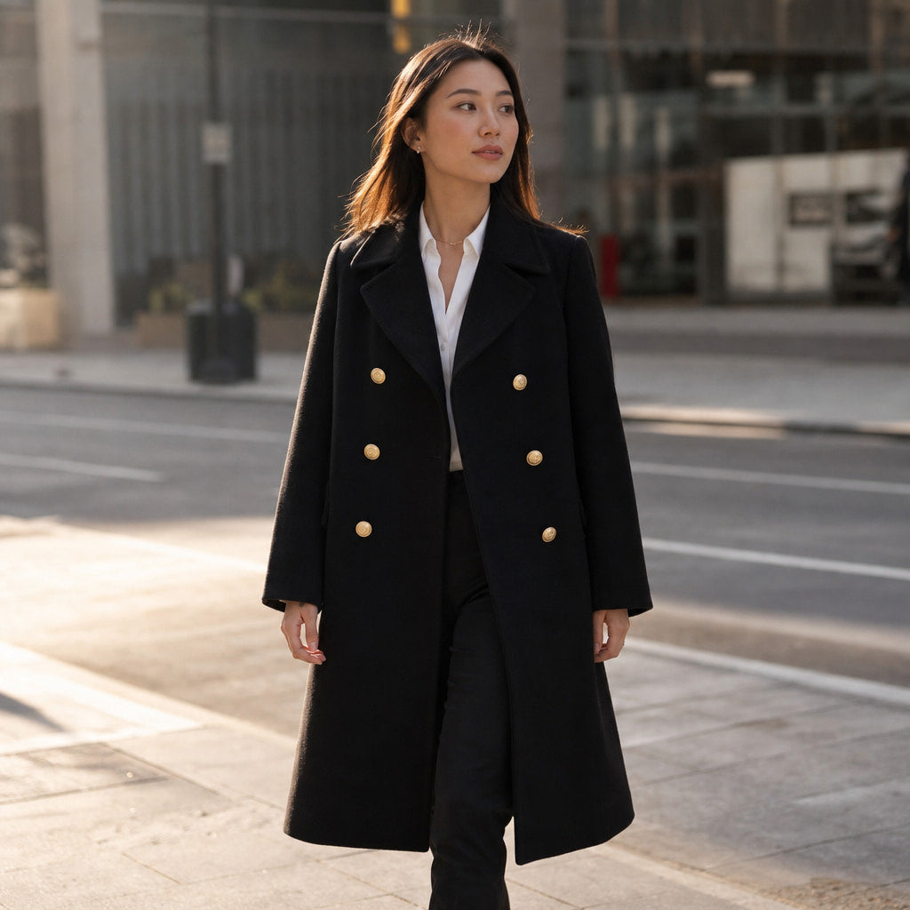 Women's Double-breasted Long Wool Coat Black – Styled Editorial Shot