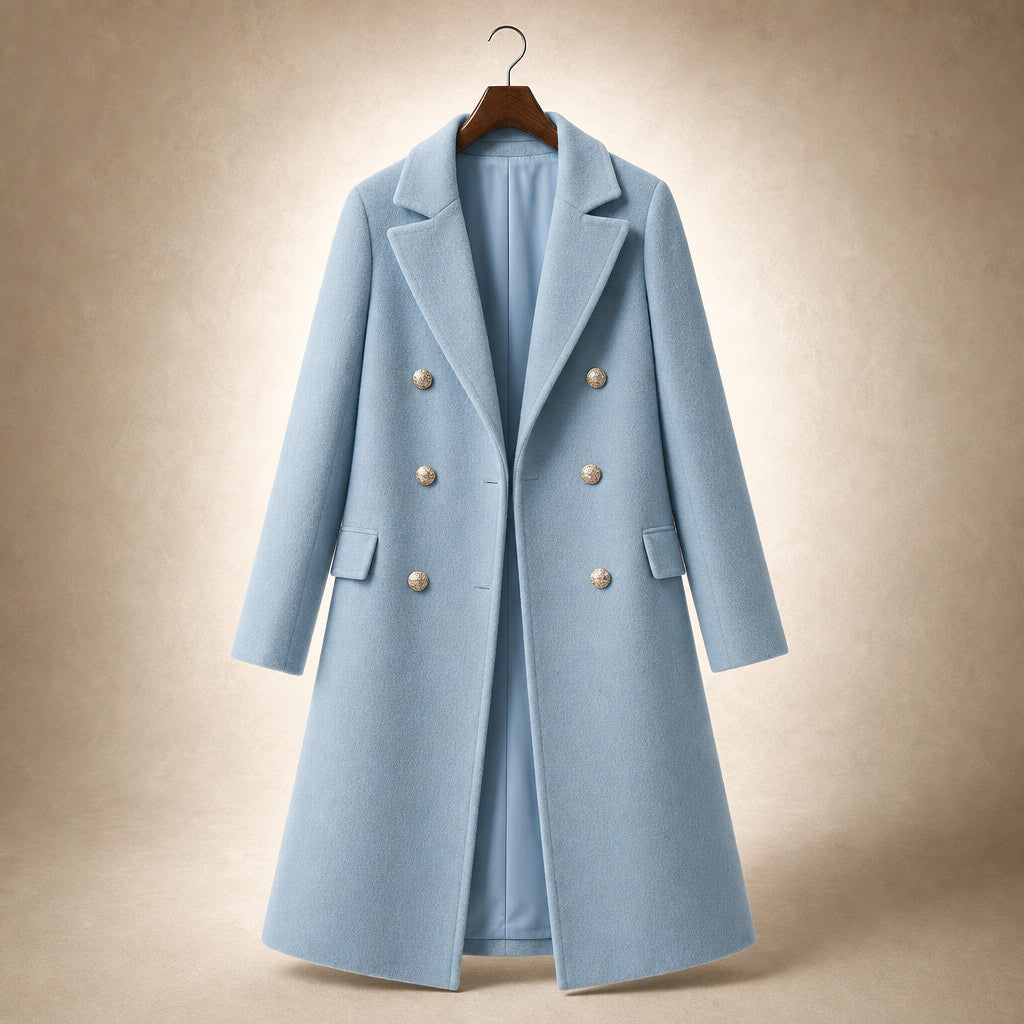 Women's Double-breasted Long Wool Coat Blue – Product Photo