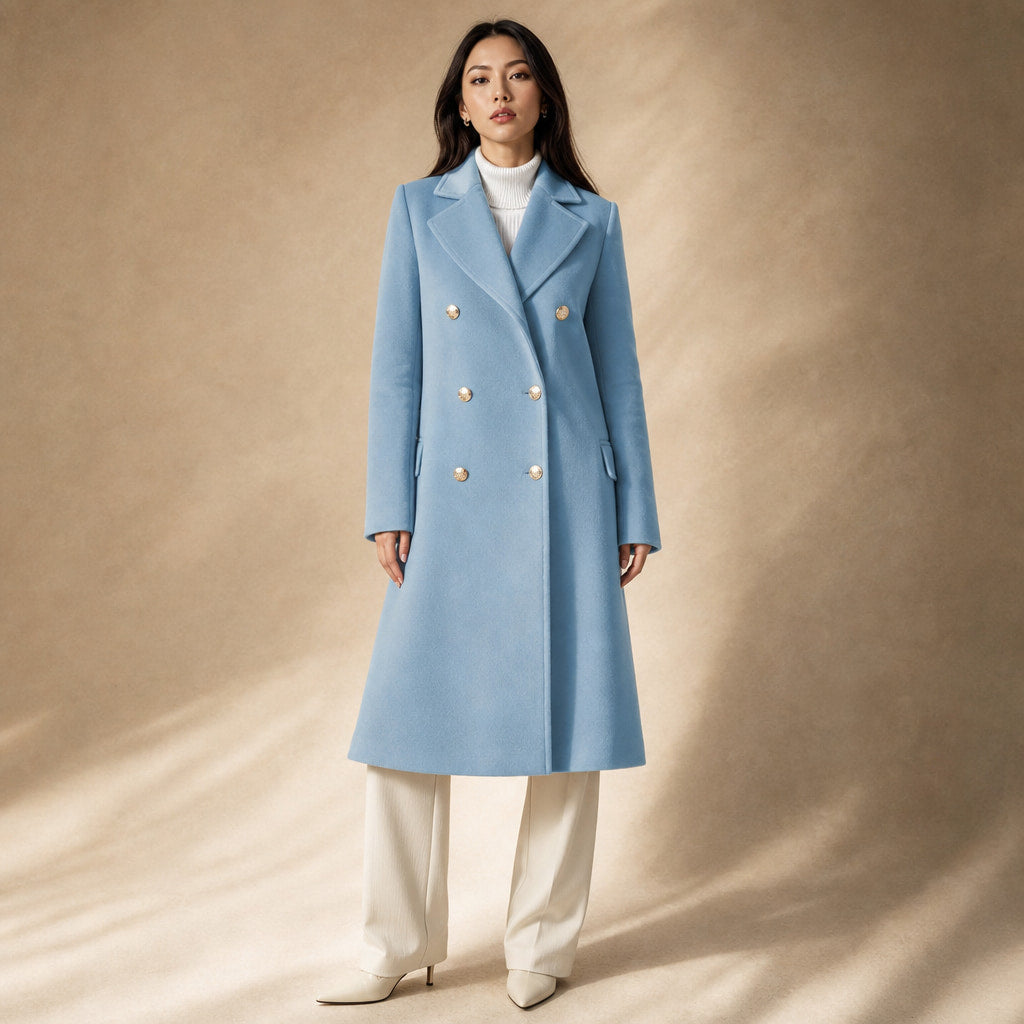 Women's Double-breasted Long Wool Coat in Blue – Mampierimoda Premium Womenswear