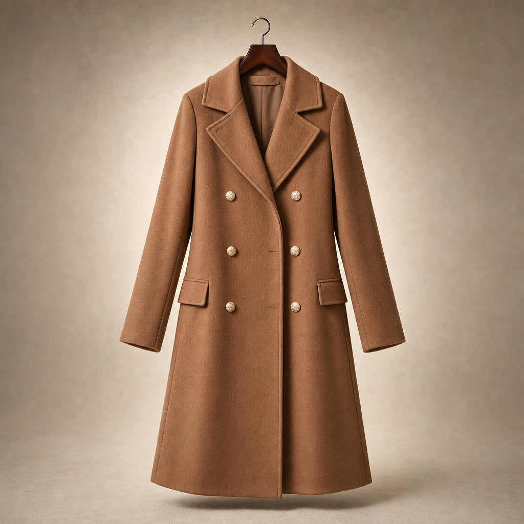 Women's Double-breasted Long Wool Coat Brown – Product Photo