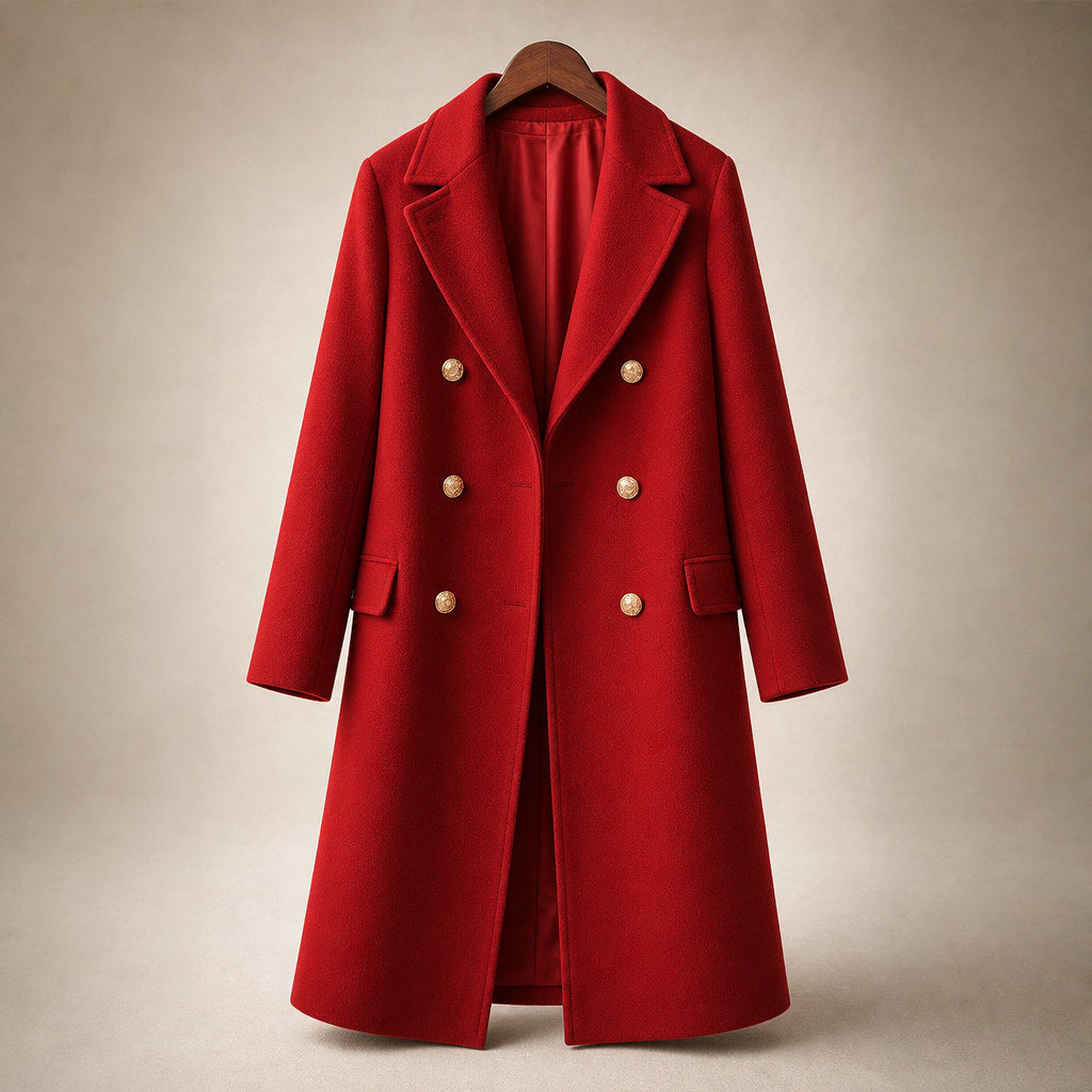 Women's Double-breasted Long Wool Coat Red – Product Photo
