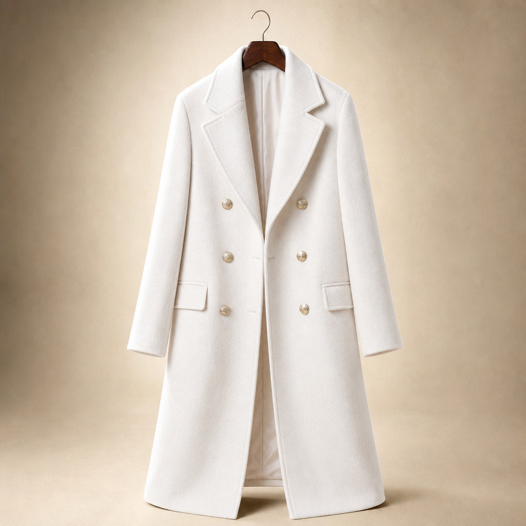 Women's Double-breasted Long Wool Coat White – Product Photo