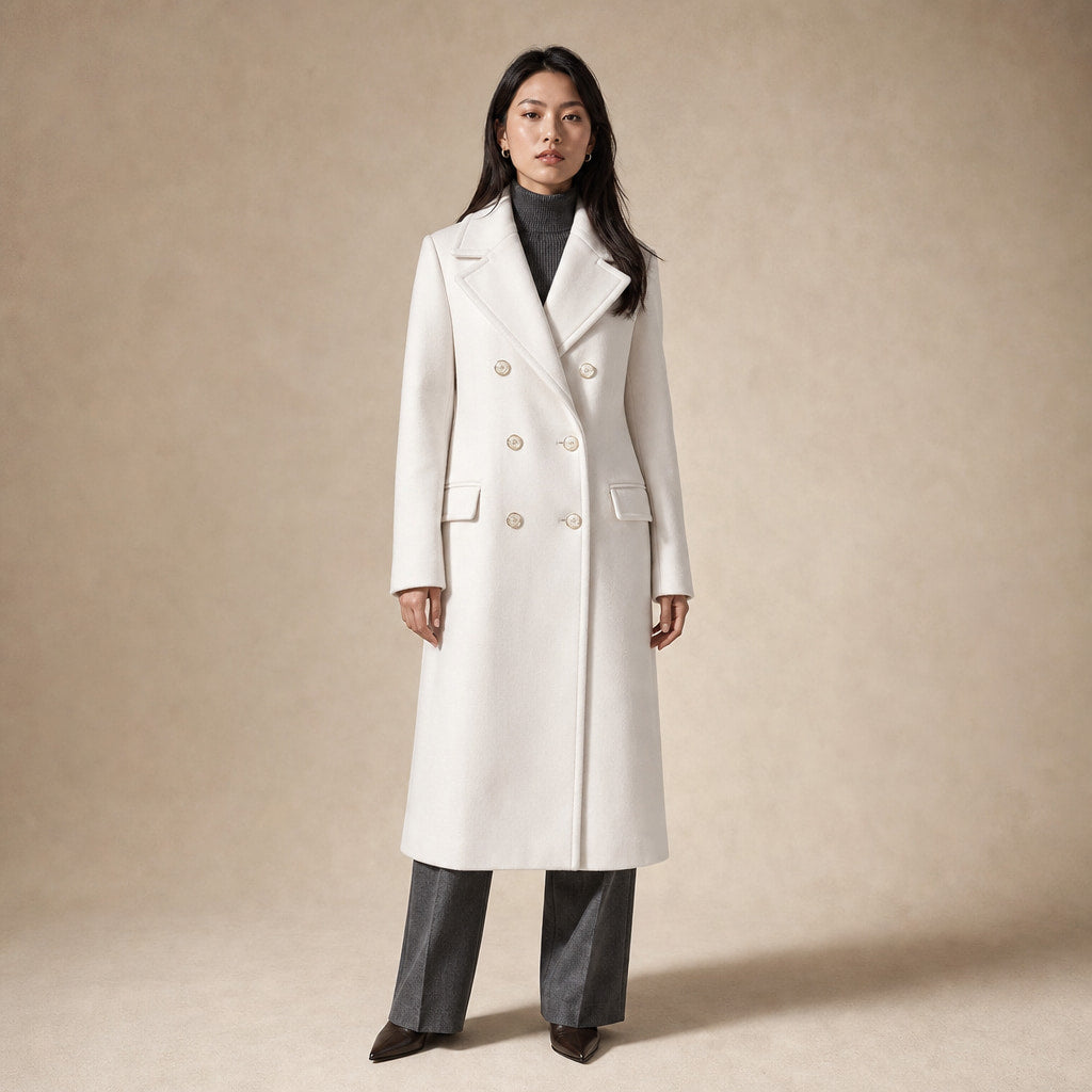 Women's Double-breasted Long Wool Coat in White – Mampierimoda Premium Womenswear