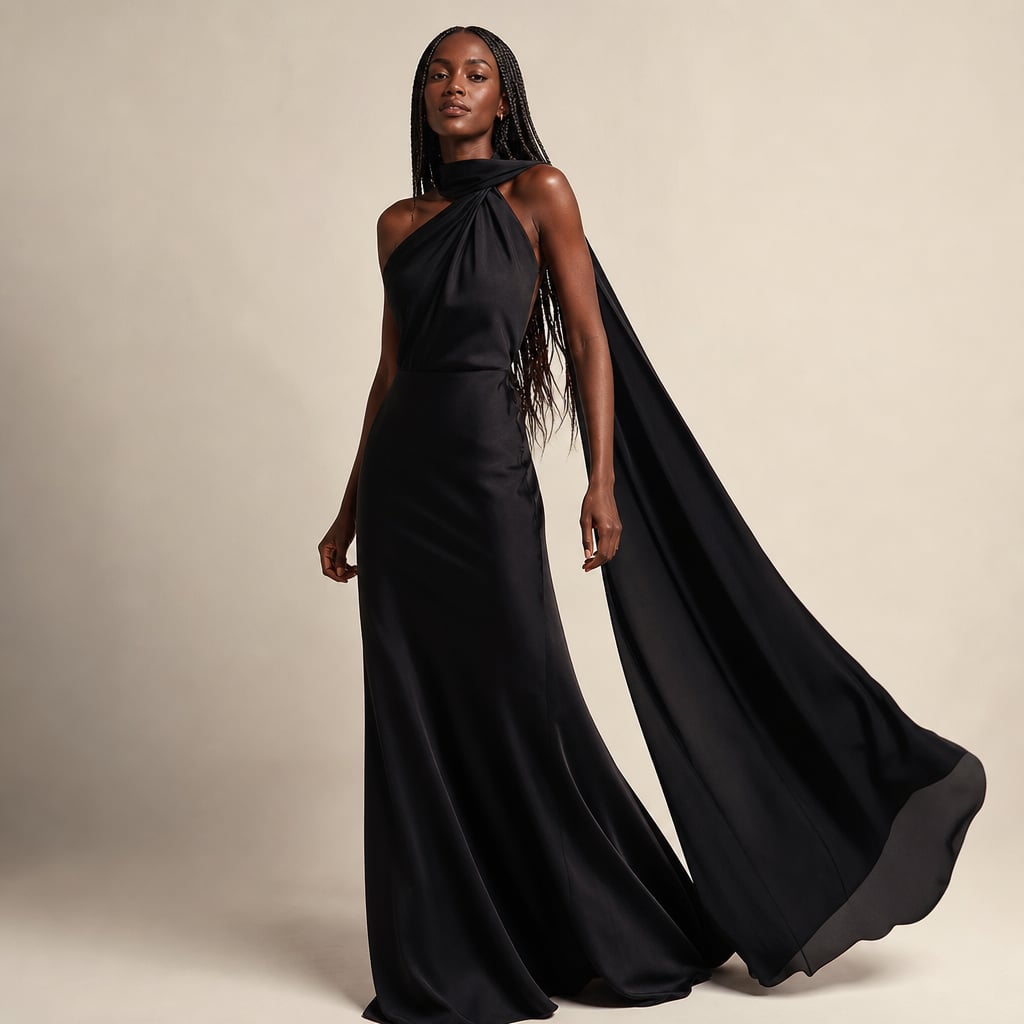 Women's draped one-shoulder Maxi dress Black – Product Photo