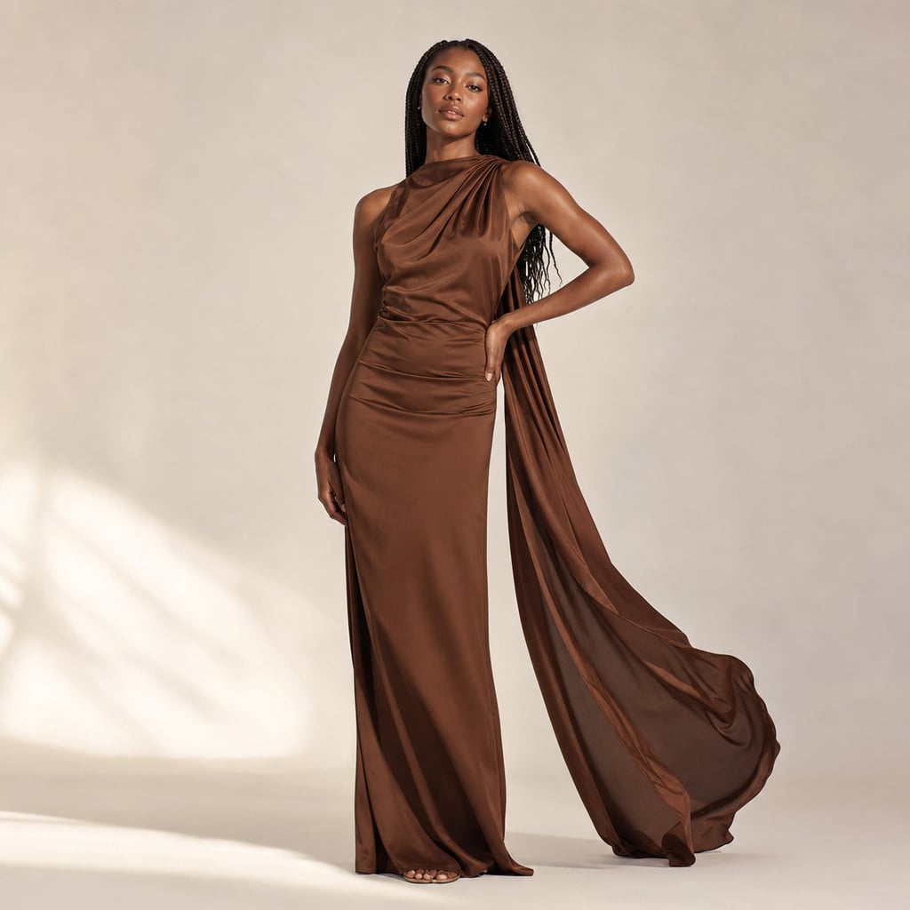 Women's draped one-shoulder Maxi dress Brown – Product Photo
