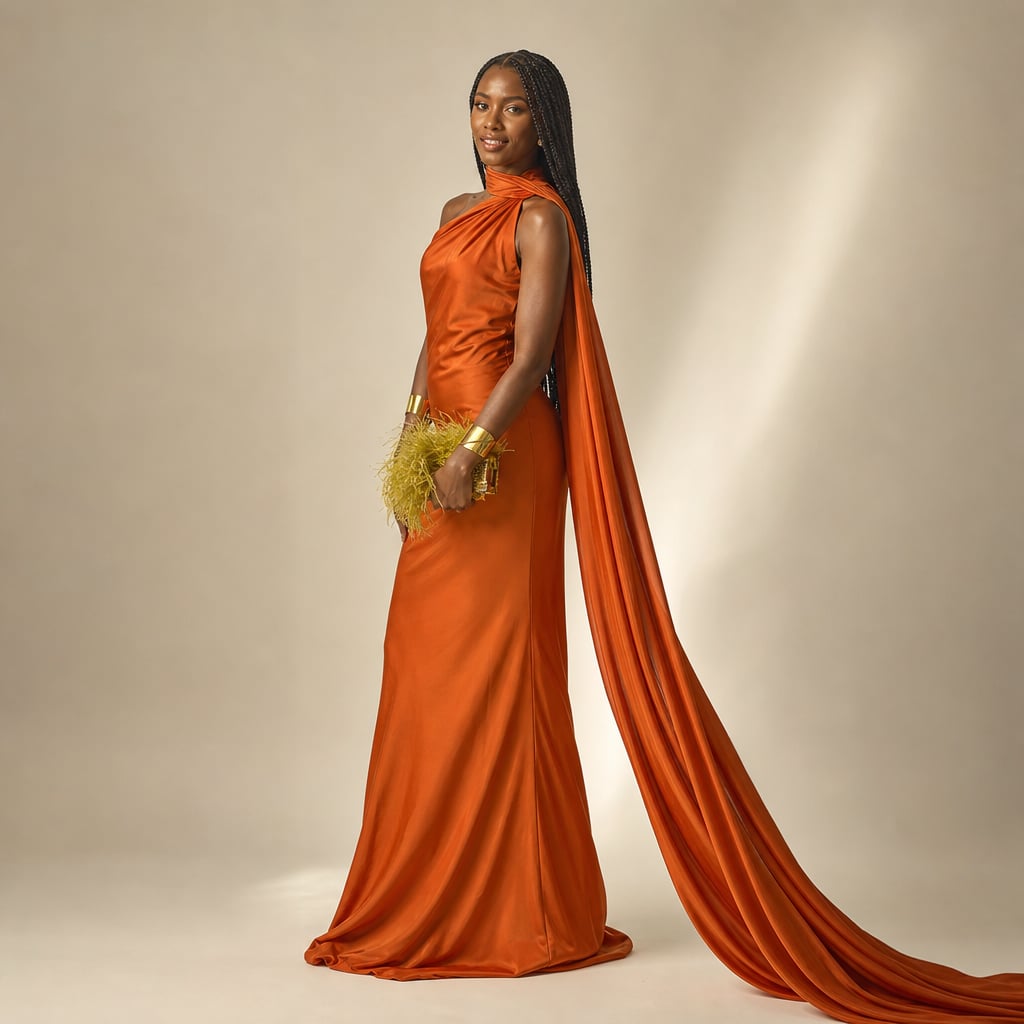 Women's draped one-shoulder Maxi dress Orange – Product Photo