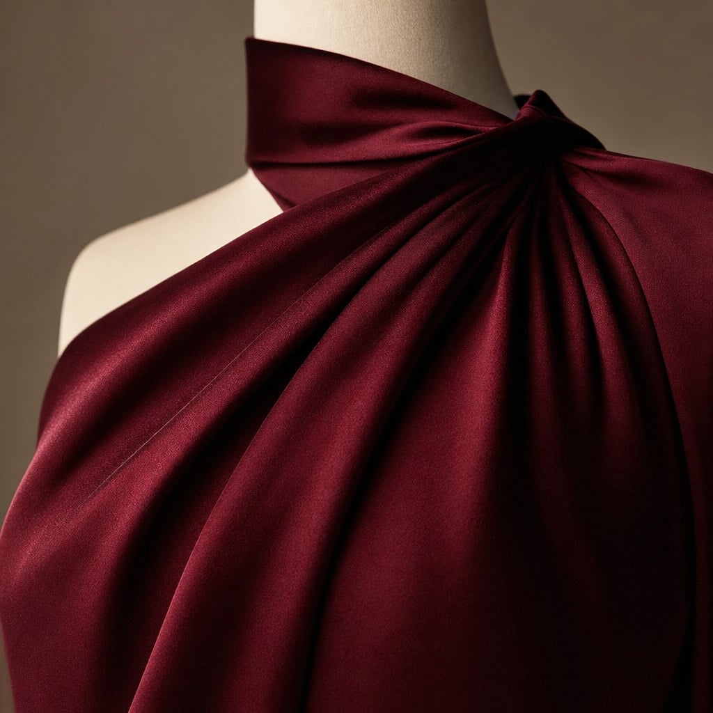 Women's draped one-shoulder Maxi dress Wine red – Fabric and Detail Close-Up