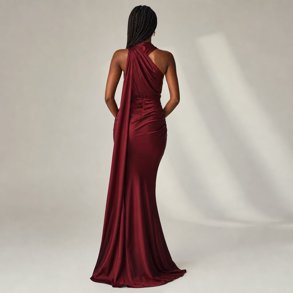 Women's draped one-shoulder Maxi dress Wine red – Full Look