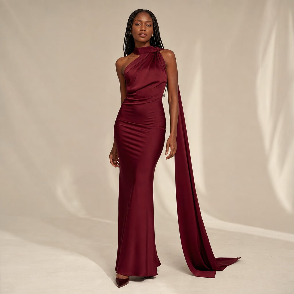 Women's draped one-shoulder Maxi dress Wine red – Product Photo