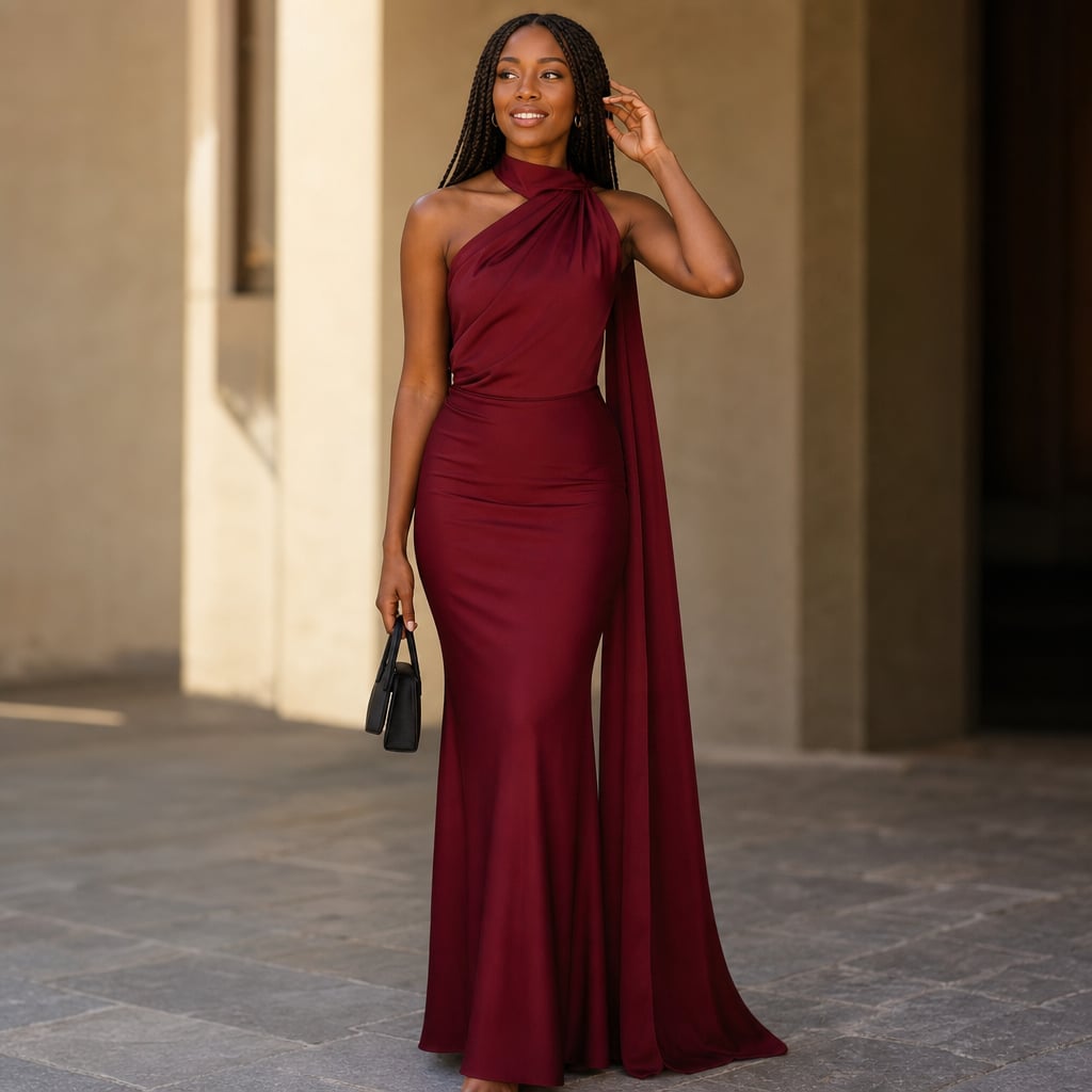 Women's draped one-shoulder Maxi dress Wine red – Styled Editorial Shot