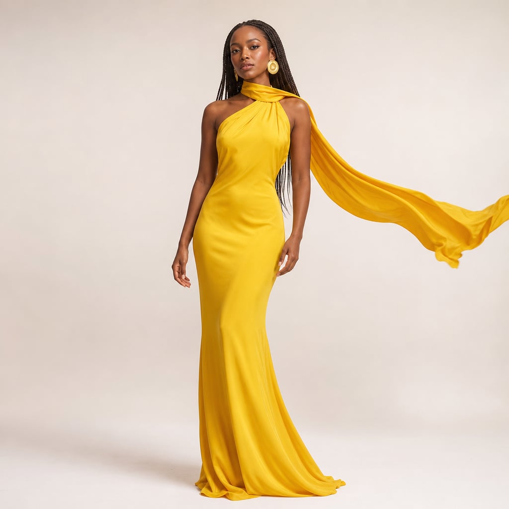 Women's draped one-shoulder Maxi dress Yellow – Product Photo