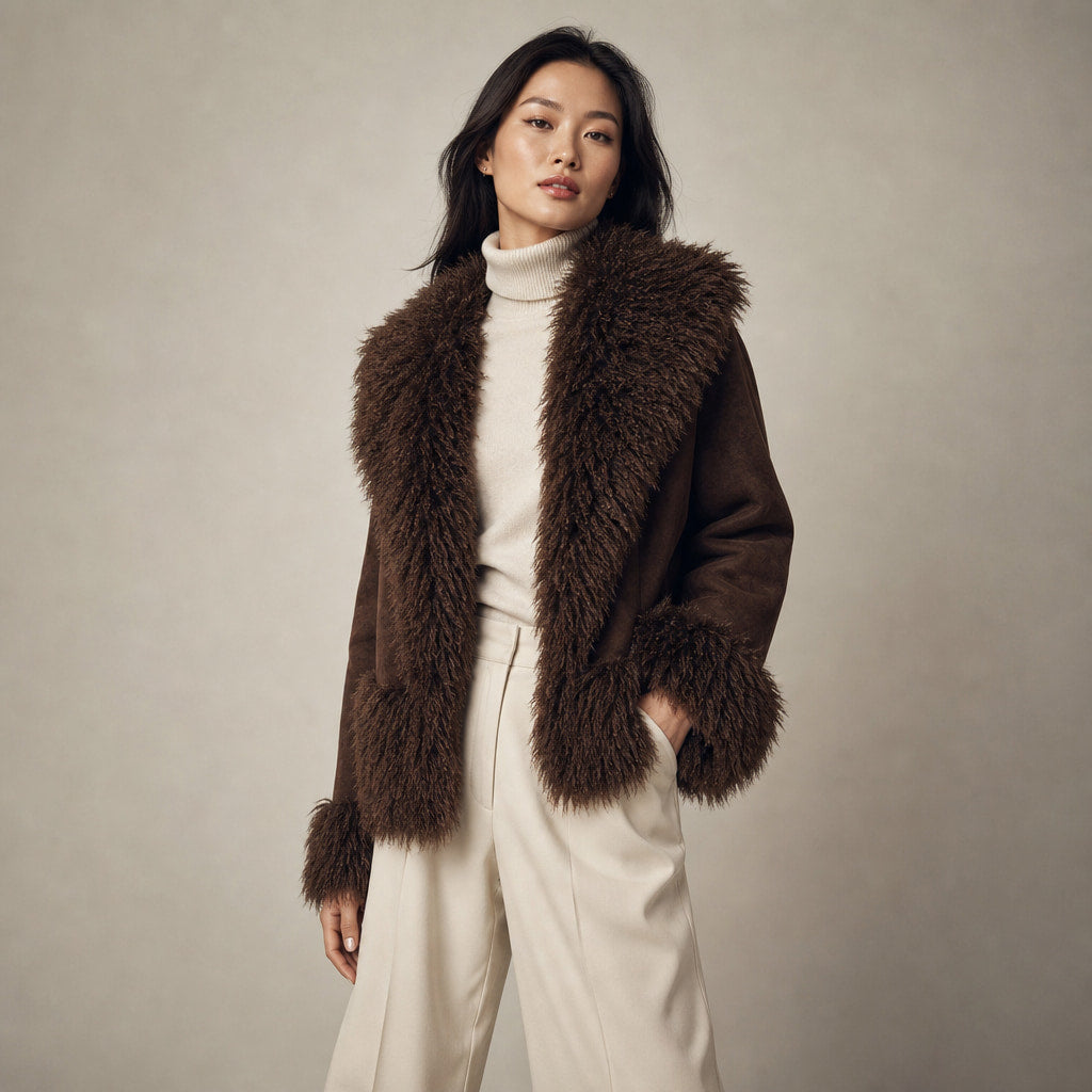 Women's Elegant Brown Faux Fur Winter Jacket Brown – Side Angle View