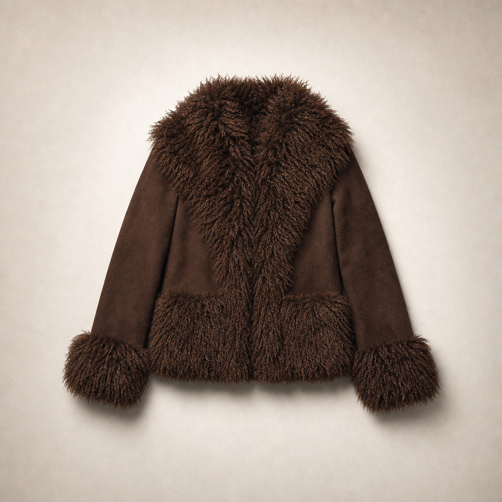 Women's Elegant Brown Faux Fur Winter Jacket Brown – Flat Lay Product Photo