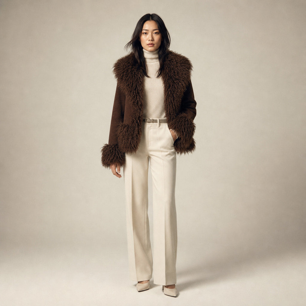 Women's Elegant Brown Faux Fur Winter Jacket Brown – Full Look