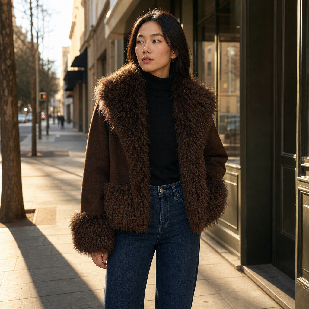 Women's Elegant Brown Faux Fur Winter Jacket Brown – Styled Editorial Shot
