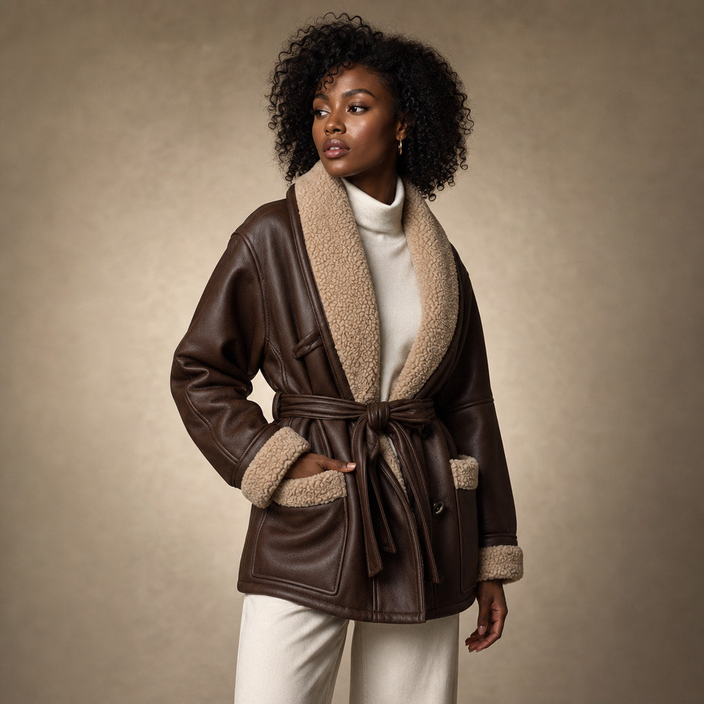 Women's Fashion Jacket with Belt Brown – Side Angle View