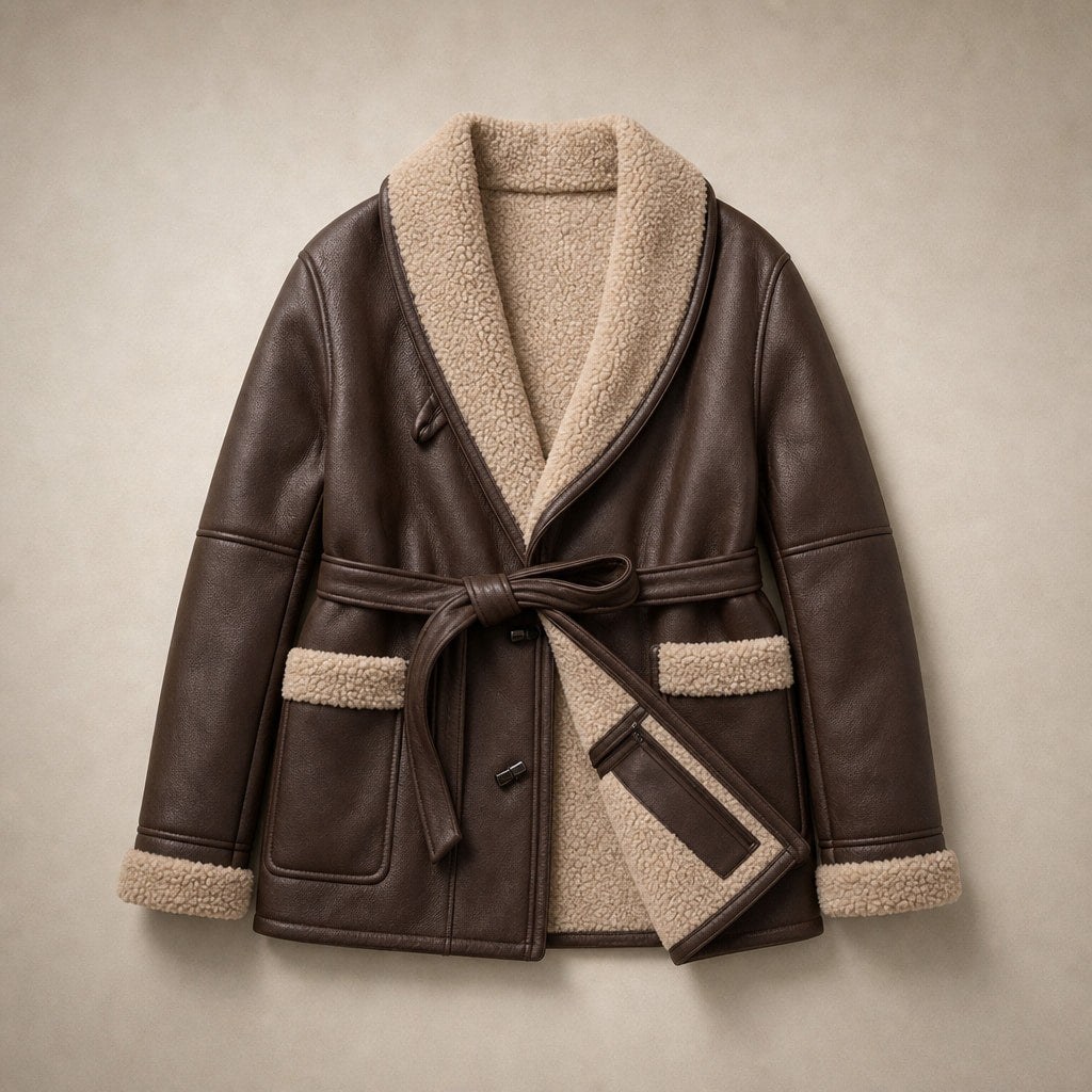 Women's Fashion Jacket with Belt Brown – Flat Lay Product Photo