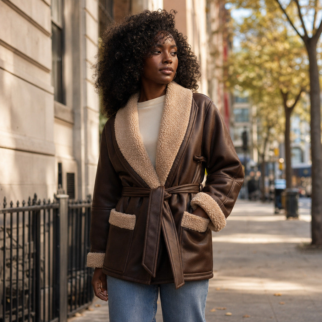 Women's Fashion Jacket with Belt Brown – Styled Editorial Shot