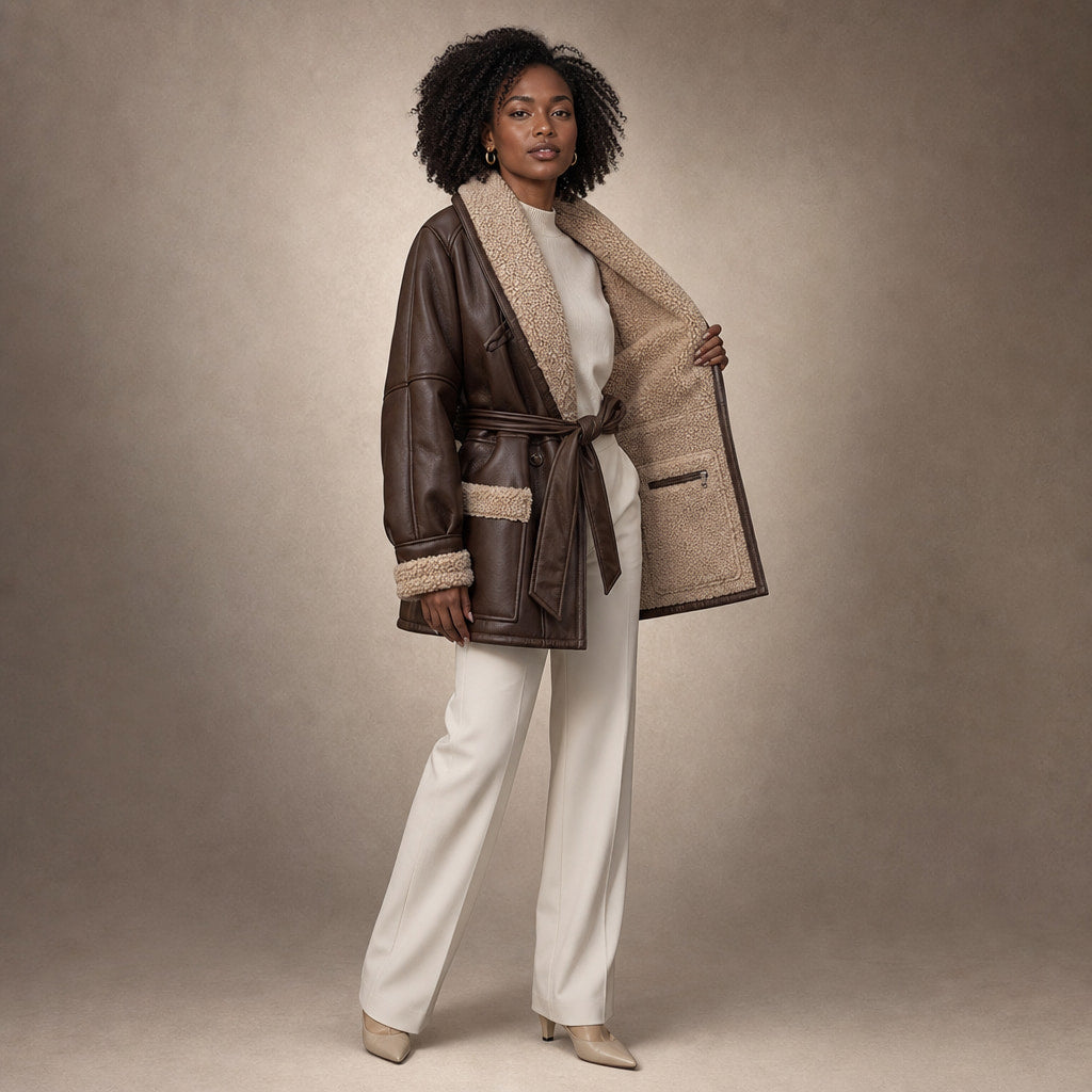 Women's Fashion Jacket with Belt Brown – Interior Lining Detail