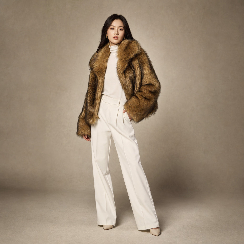 Women's Faux Fur Jacket Brown – Side Angle View