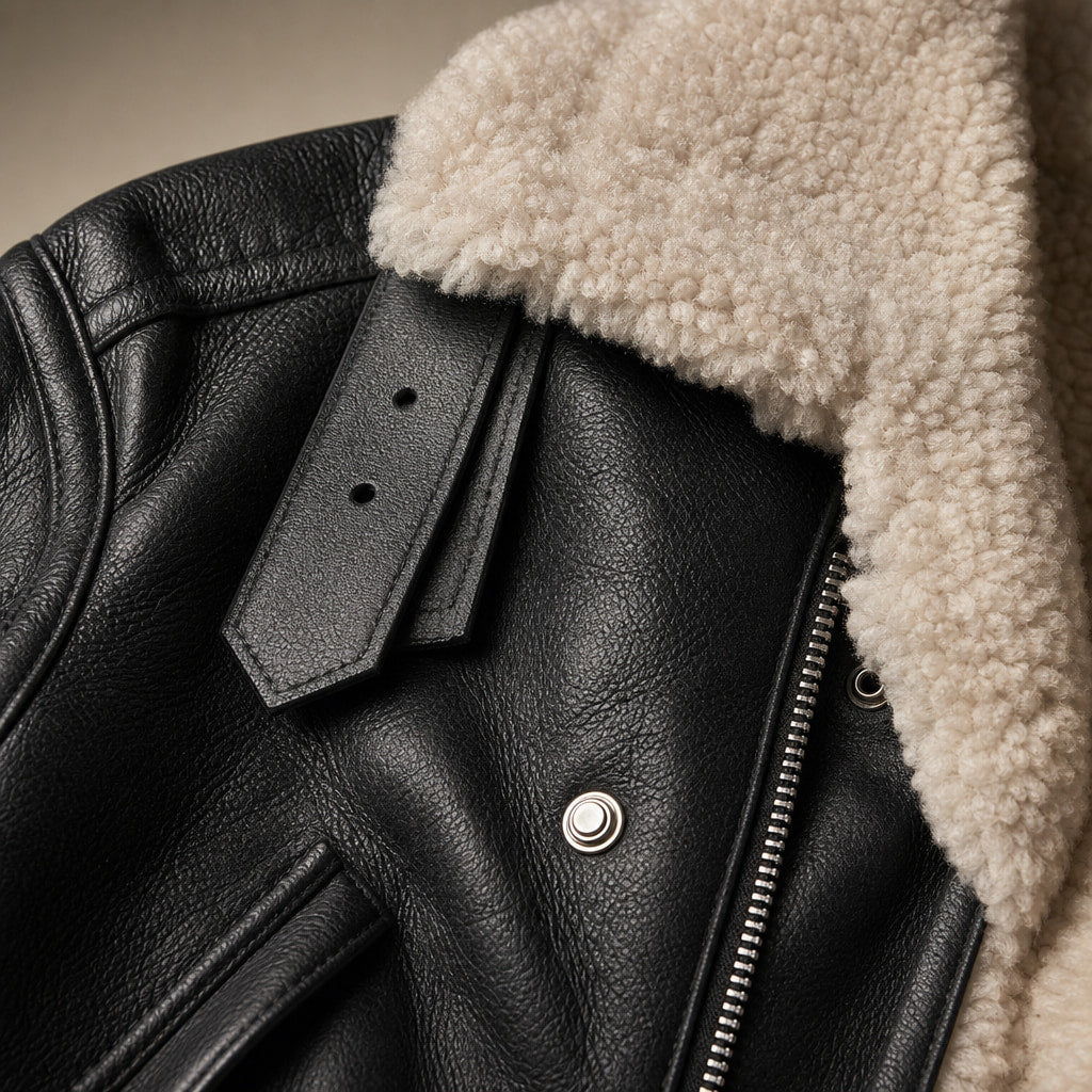 Women's Faux Leather Flight Jacket with Sherpa Lining Black – Fabric and Detail Close-Up