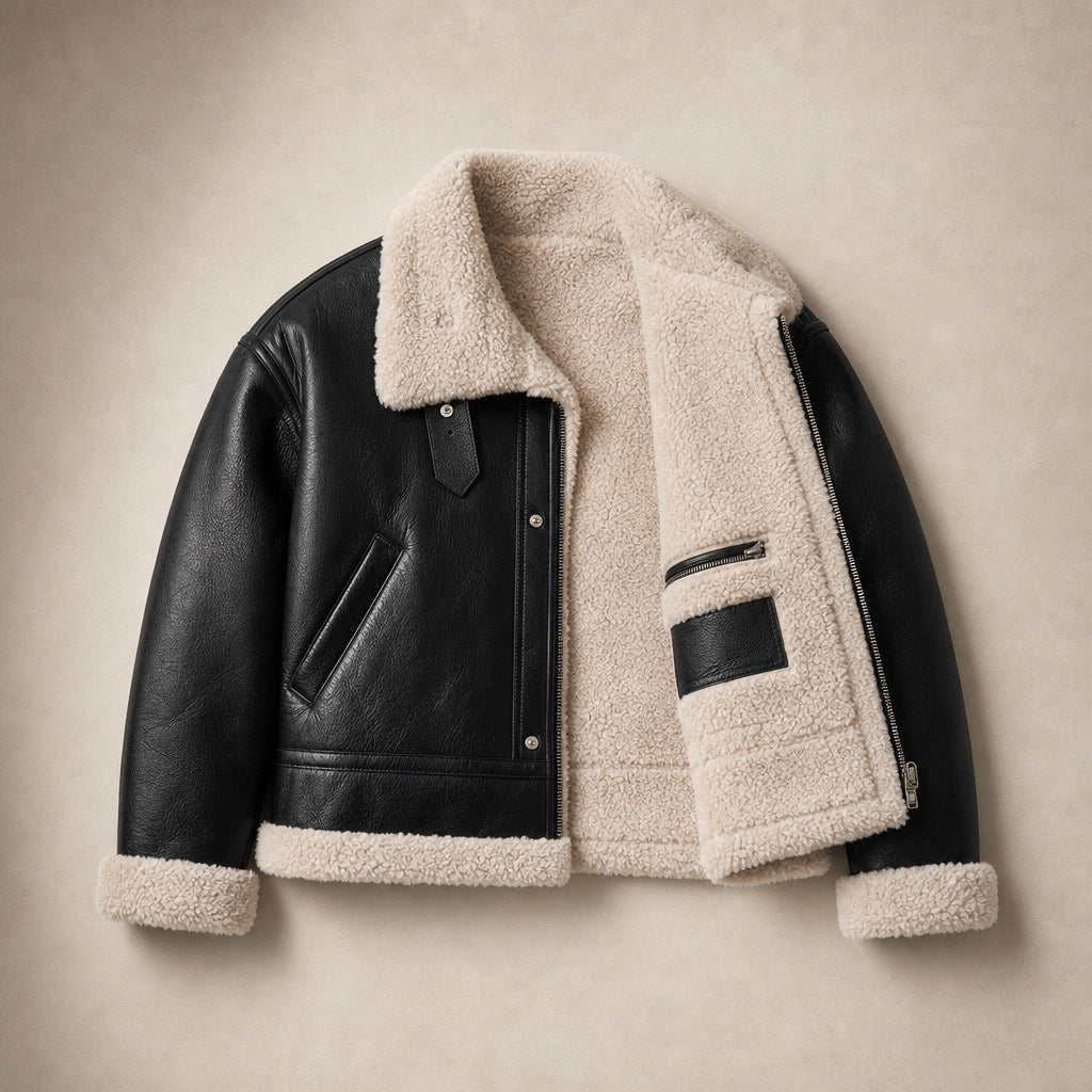 Women's Faux Leather Flight Jacket with Sherpa Lining Black – Flat Lay Product Photo