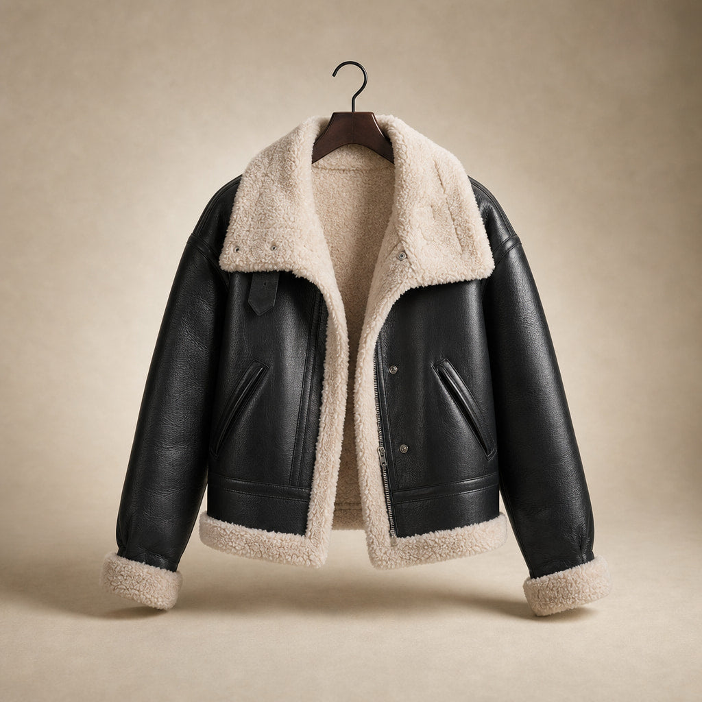 Women's Faux Leather Flight Jacket with Sherpa Lining Black – Product Photo