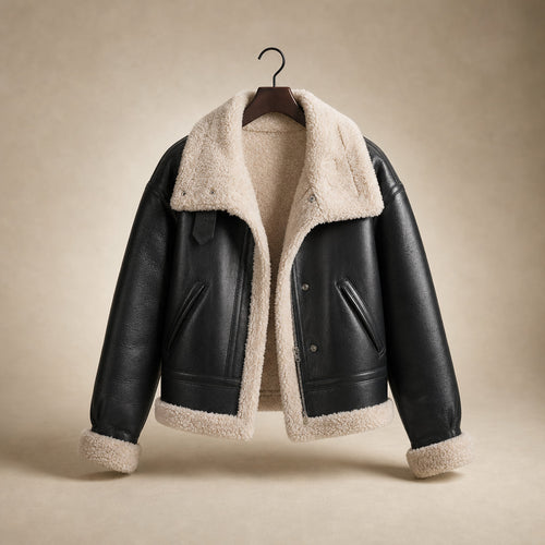 Women's Faux Leather Flight Jacket with Sherpa Lining Black – Product Photo
