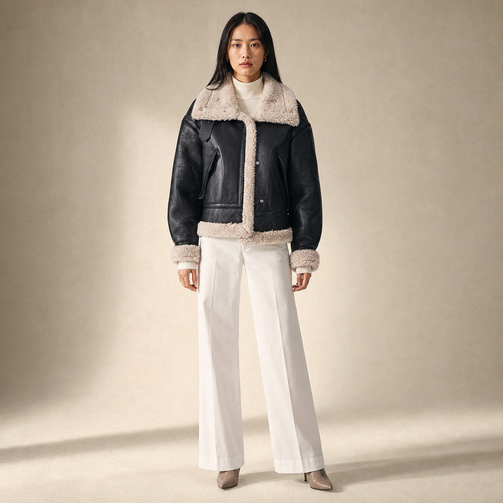 Women's Faux Leather Flight Jacket with Sherpa Lining in Black – Mampierimoda Premium Womenswear