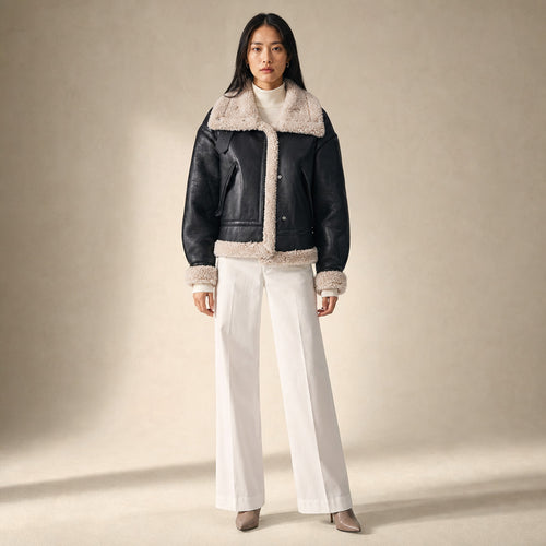 Women's Faux Leather Flight Jacket with Sherpa Lining in Black – Mampierimoda Premium Womenswear