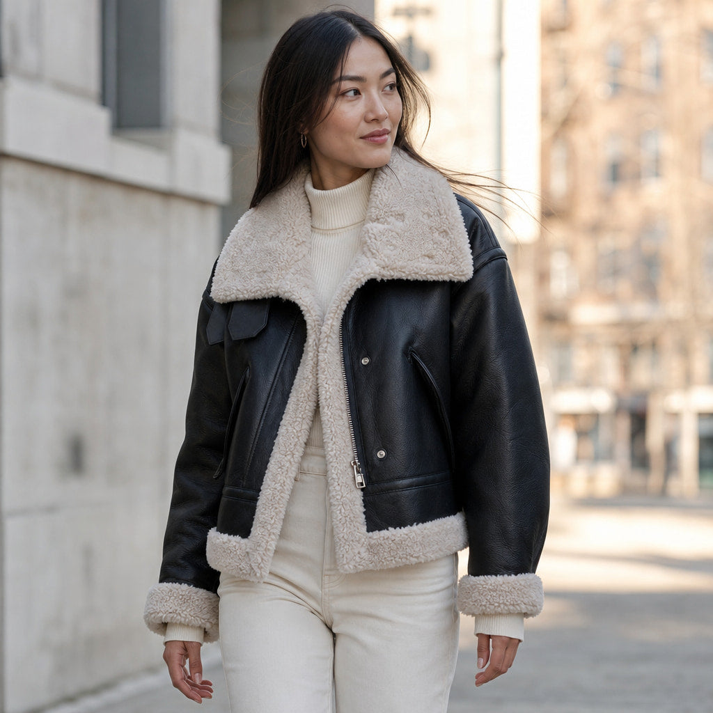 Women's Faux Leather Flight Jacket with Sherpa Lining Black – Styled Editorial Shot