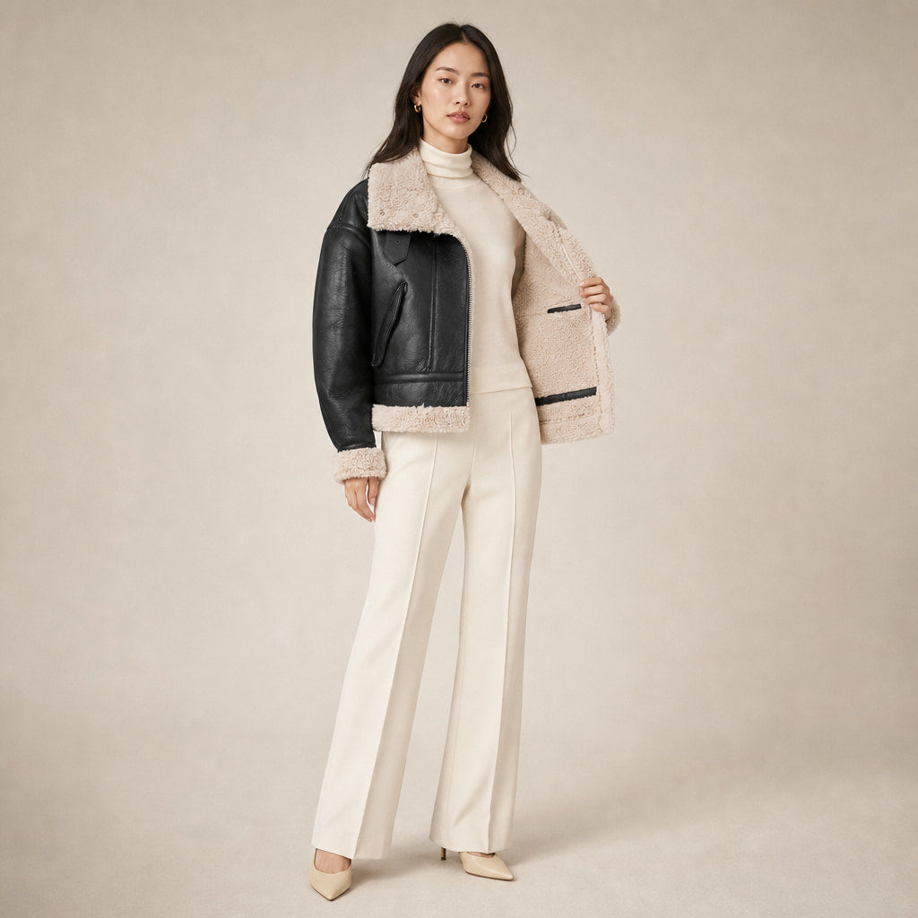 Women's Faux Leather Flight Jacket with Sherpa Lining Black – Interior Lining Detail
