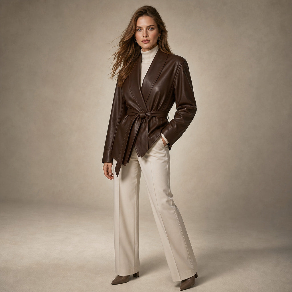 Women's Faux Leather Wrap Jacket Brown – Side Angle View