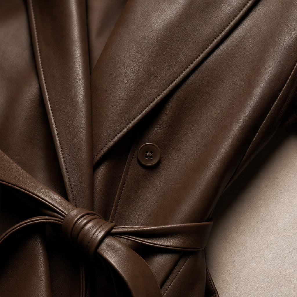 Women's Faux Leather Wrap Jacket Brown – Fabric and Detail Close-Up