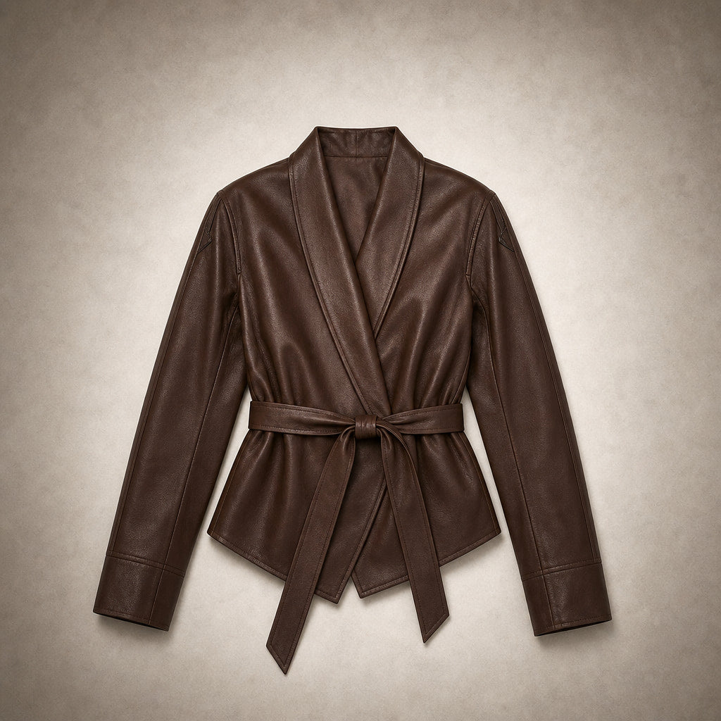 Women's Faux Leather Wrap Jacket Brown – Flat Lay Product Photo