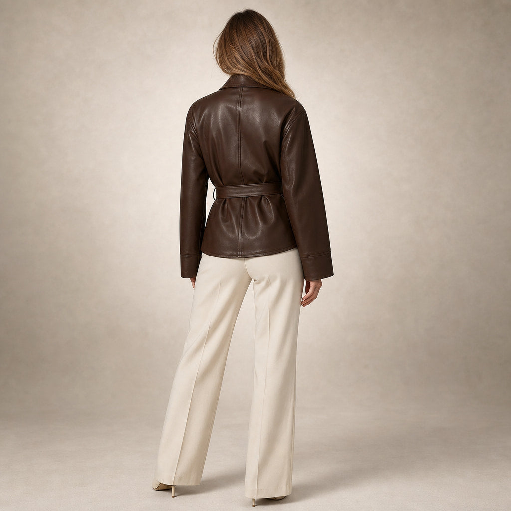Women's Faux Leather Wrap Jacket Brown – Full Look