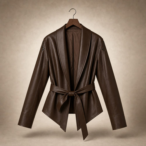 Women's Faux Leather Wrap Jacket Brown – Product Photo