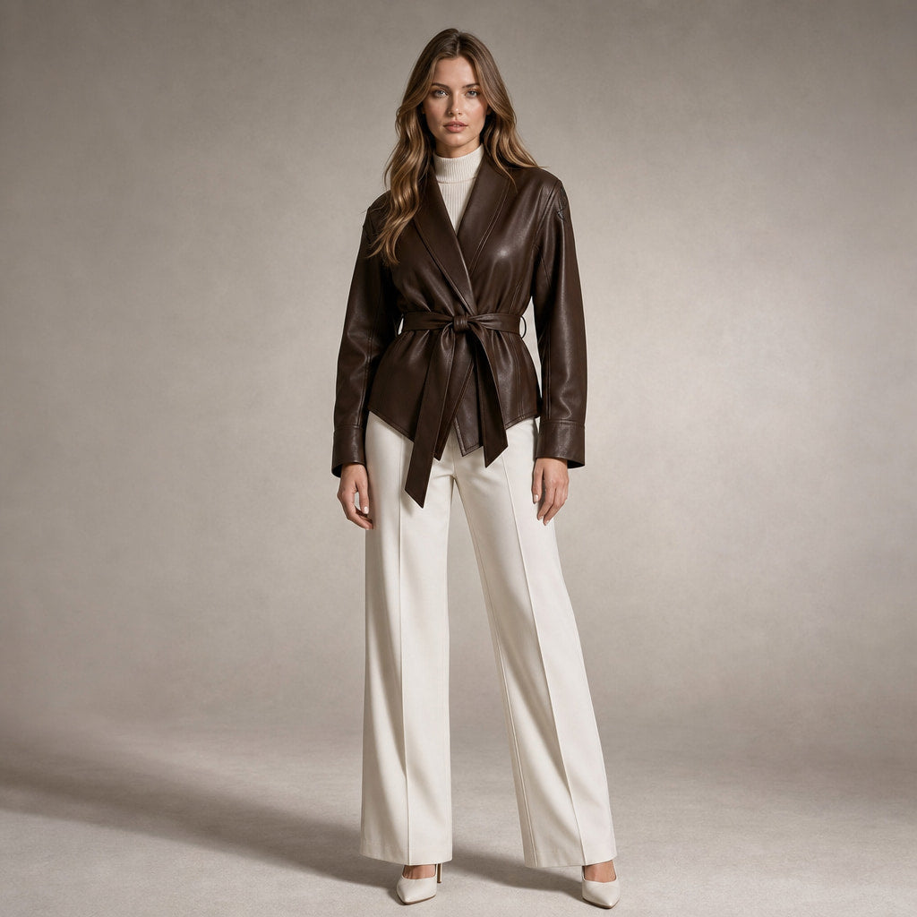 Women's Faux Leather Wrap Jacket in Brown – Mampierimoda Premium Womenswear