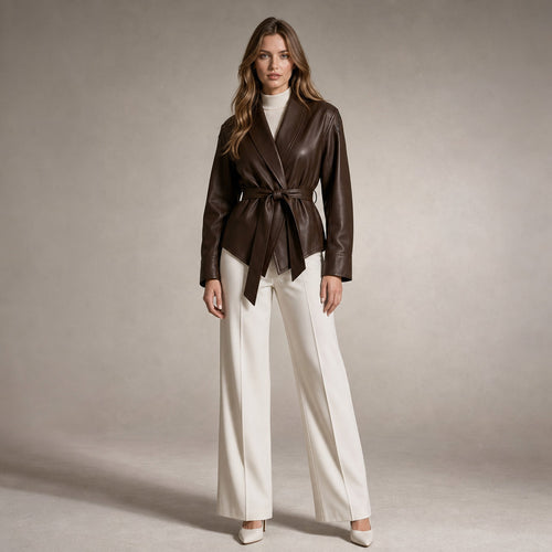 Women's Faux Leather Wrap Jacket in Brown – Mampierimoda Premium Womenswear