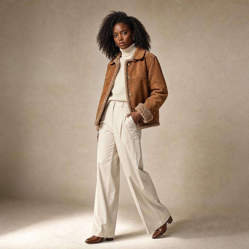 Women’s Faux Shearling Lined Suede Jacket Brown – Side Angle View