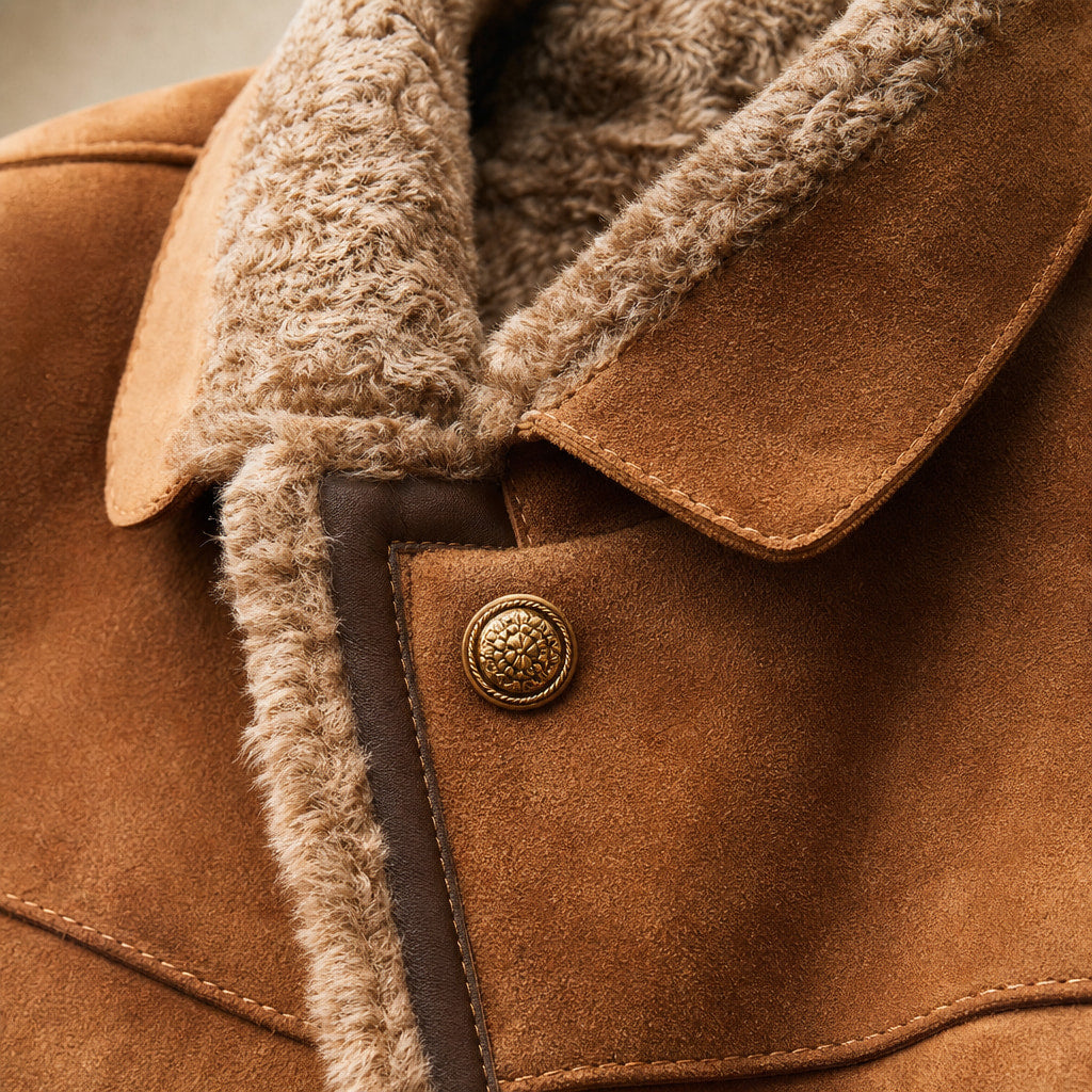Women’s Faux Shearling Lined Suede Jacket Brown – Fabric and Detail Close-Up