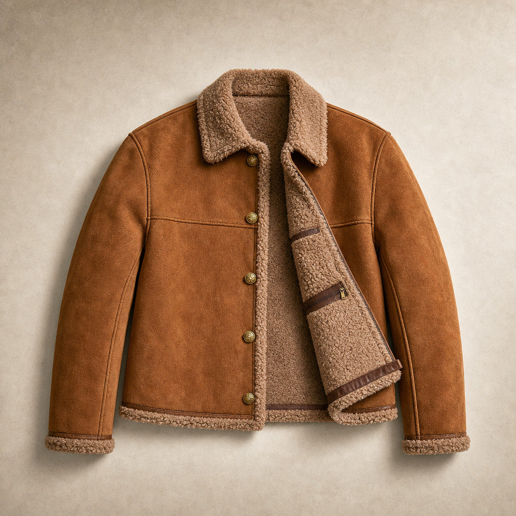 Women’s Faux Shearling Lined Suede Jacket Brown – Flat Lay Product Photo