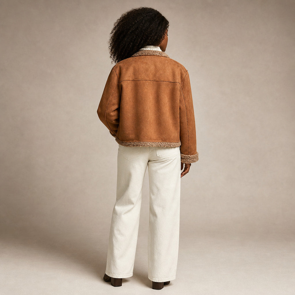 Women’s Faux Shearling Lined Suede Jacket Brown – Full Look