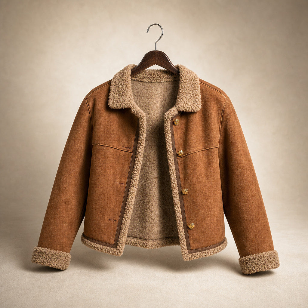 Women’s Faux Shearling Lined Suede Jacket Brown – Product Photo