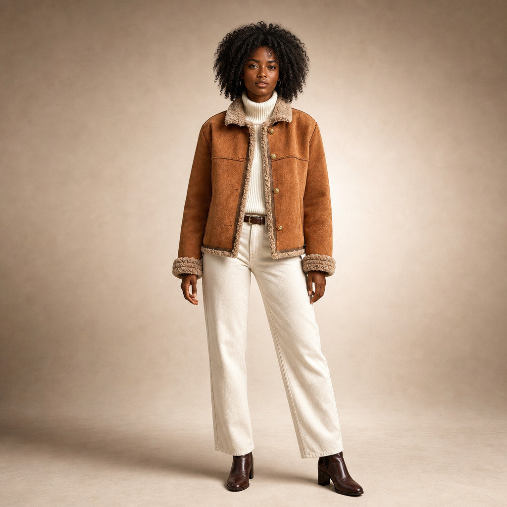 Women’s Faux Shearling Lined Suede Jacket in Brown – Mampierimoda Premium Womenswear