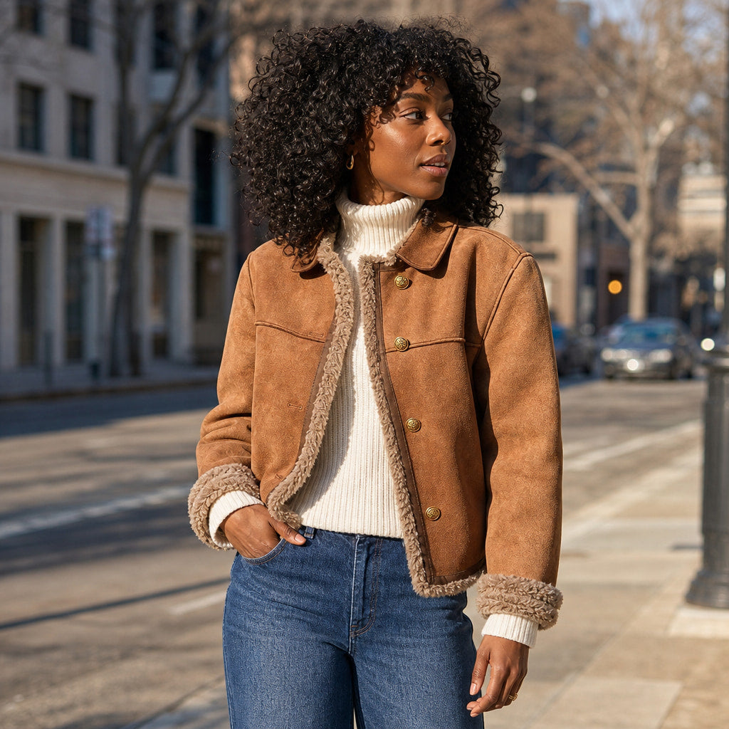 Women’s Faux Shearling Lined Suede Jacket Brown – Styled Editorial Shot