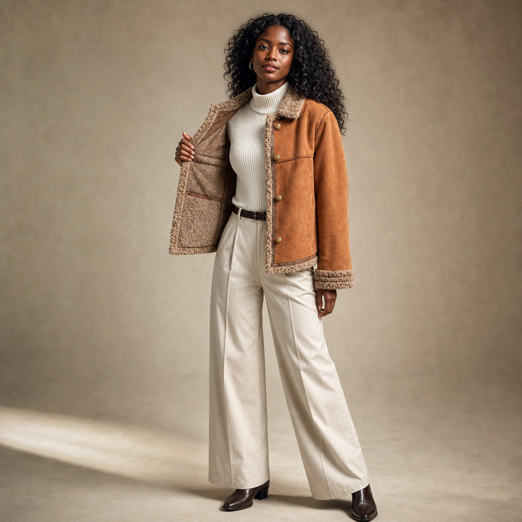 Women’s Faux Shearling Lined Suede Jacket Brown – Interior Lining Detail