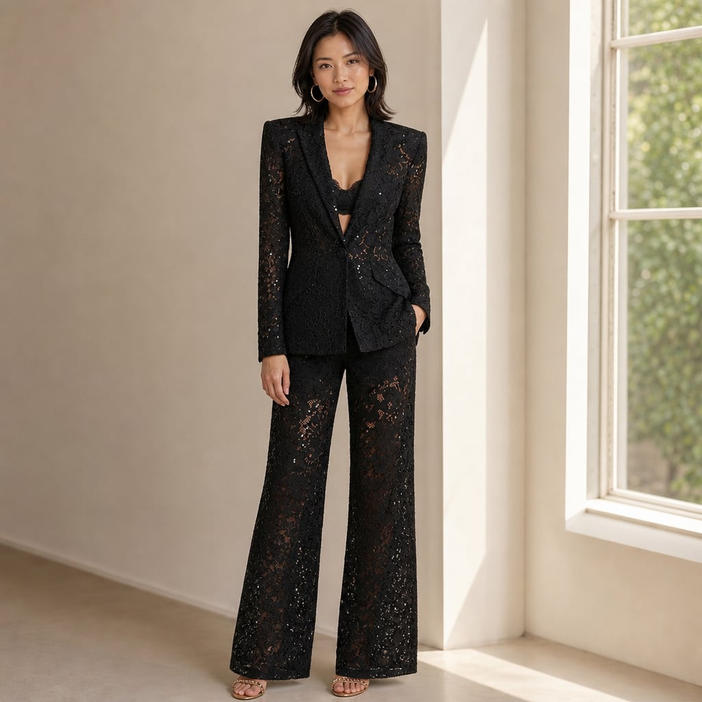 Women's Floral Lace Two-Piece Suit Black – Styled Editorial Shot