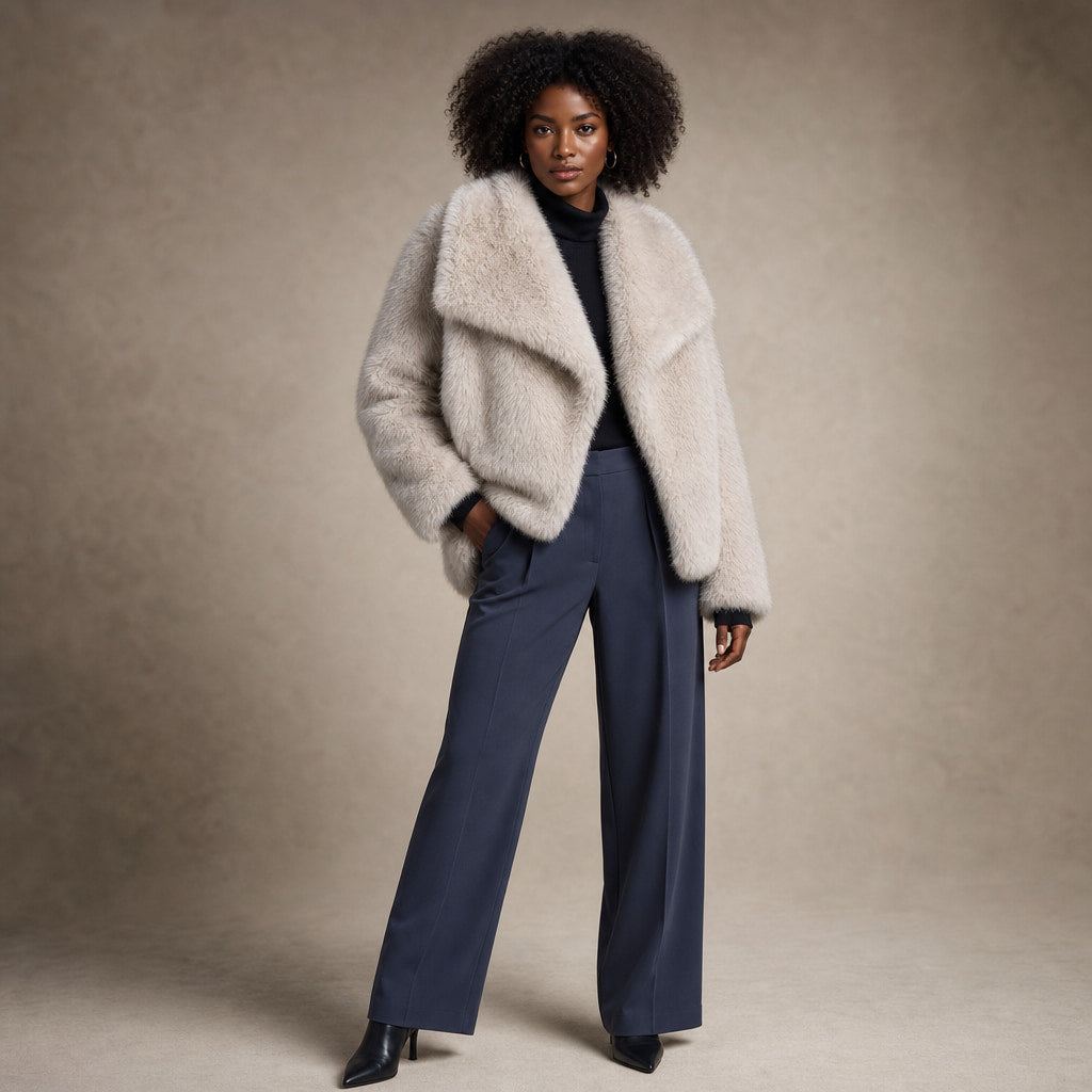 Women's Fluffy Faux Fur Jacket Beige – Side Angle View